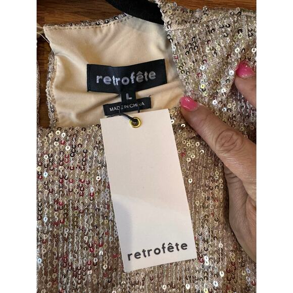 RETROFÊTE Gold Flynn ruched sequined tulle mini dress size L - Picture 3 of 15